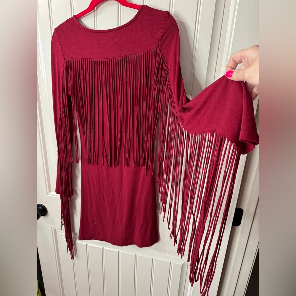 IDYLLWIND 🤠 Burgundy Fringe Long Sleeve Mini Dress (Women’s Size Small) - Picture 6 of 10